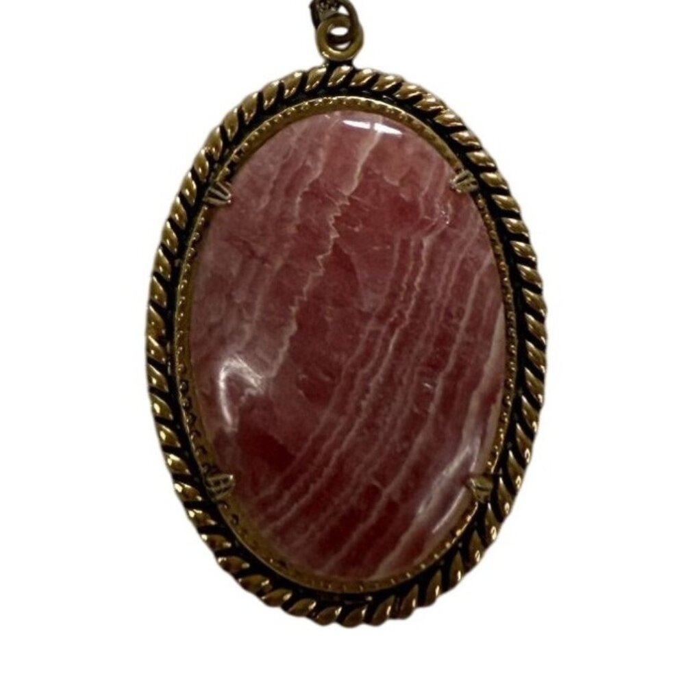 Vintage Pink Rhodochrosite Banded Stone Pendant Necklace Gold Tone Rope Frame